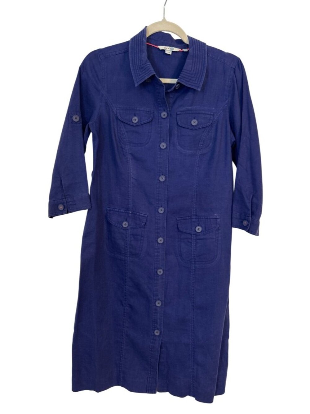 Boden Womens's 6R Midi Blue shirt Dress Linen Button down 3/4 Sleeve Collared
